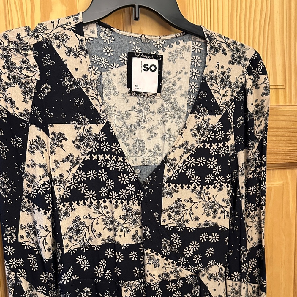 SO Black and Cream Patchwork Floral Long-sleeve Dress